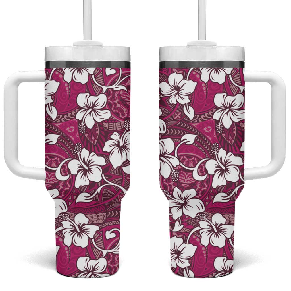 Piqi Bula Fiji Tumbler With Handle Fijian Tapa Seamless Hibiscus LT14 One Size: 40 oz Pink - Polynesian Pride