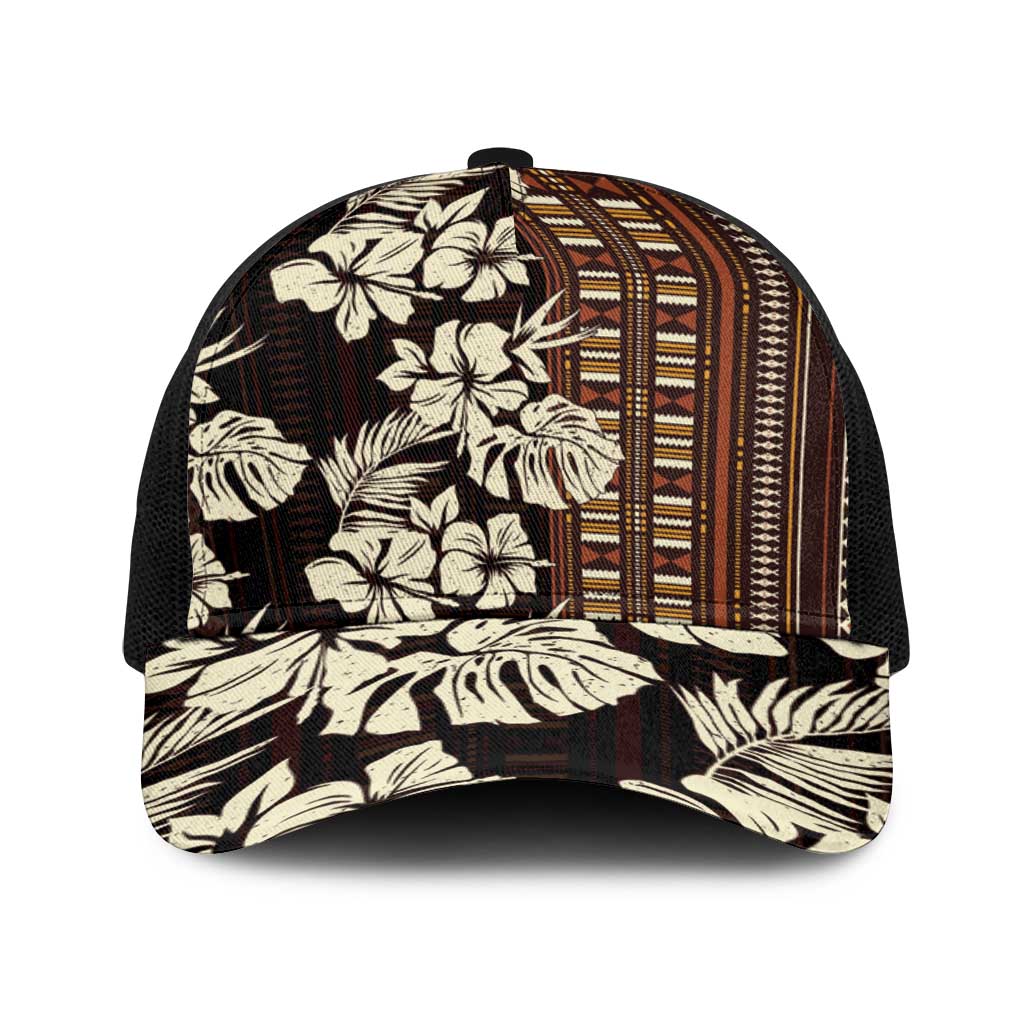 Bula Fiji Masi Baseball Net Cap Tapa Tropical Hibiscus Half Stylized LT14 One Size Black Brown - Polynesian Pride