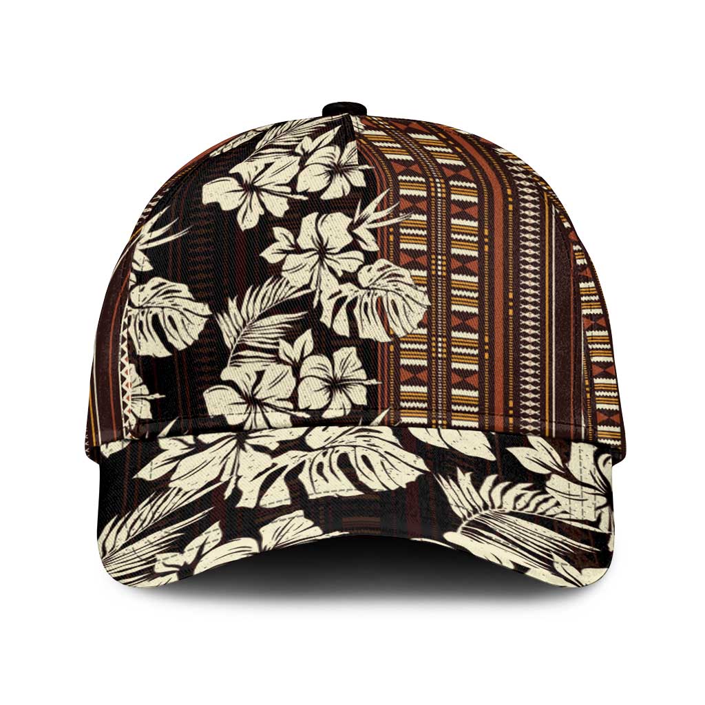 Bula Fiji Masi Classic Cap Tapa Tropical Hibiscus Half Stylized LT14 Universal Fit Brown - Polynesian Pride