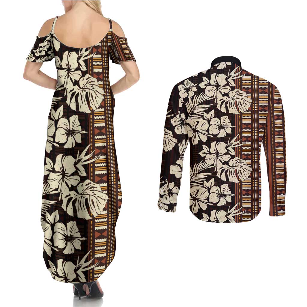 Bula Fiji Masi Couples Matching Summer Maxi Dress and Long Sleeve Button Shirt Tapa Tropical Hibiscus Half Stylized LT14 - Polynesian Pride