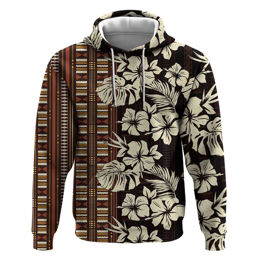 Bula Fiji Masi Hoodie Tapa Tropical Hibiscus Half Stylized LT14 Pullover Hoodie Brown - Polynesian Pride