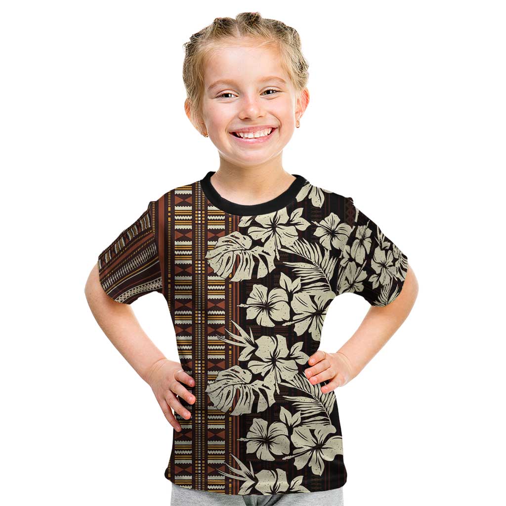 Bula Fiji Masi Kid T Shirt Tapa Tropical Hibiscus Half Stylized LT14 Brown - Polynesian Pride
