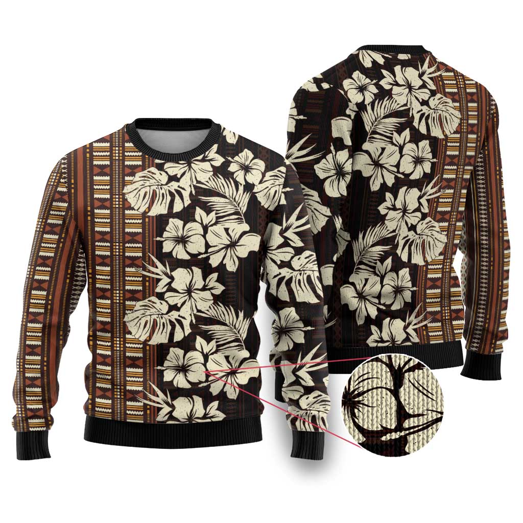 Bula Fiji Masi Ugly Christmas Sweater Tapa Tropical Hibiscus Half Stylized LT14 Brown - Polynesian Pride