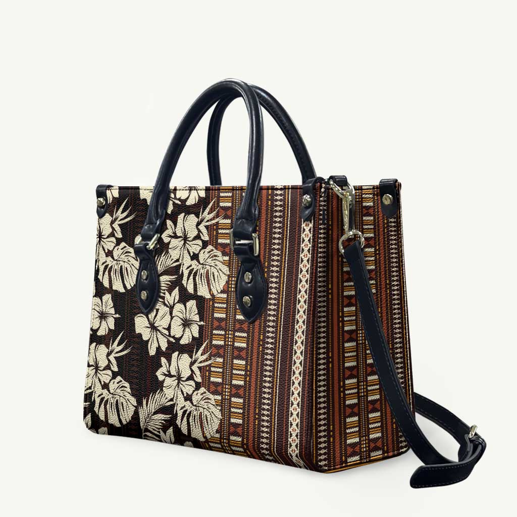 Bula Fiji Masi Leather Bag Tapa Tropical Hibiscus Half Stylized LT14 Brown - Polynesian Pride
