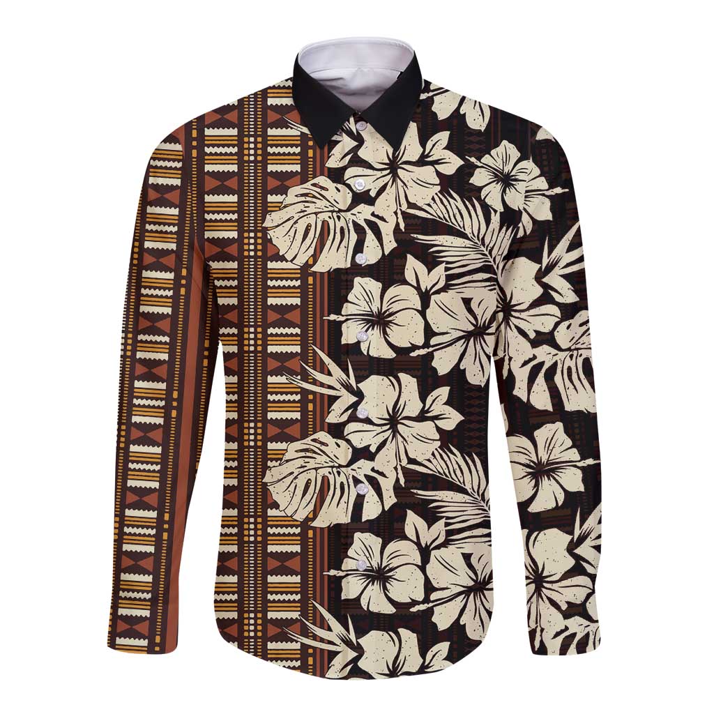 Bula Fiji Masi Long Sleeve Button Shirt Tapa Tropical Hibiscus Half Stylized LT14 Unisex Brown - Polynesian Pride