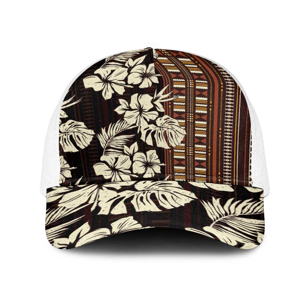 Bula Fiji Masi Mesh Trucker Cap Tapa Tropical Hibiscus Half Stylized LT14 One Size White Brown - Polynesian Pride