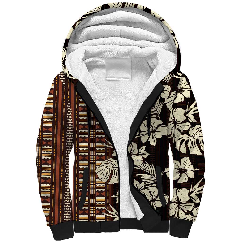 Bula Fiji Masi Sherpa Hoodie Tapa Tropical Hibiscus Half Stylized LT14 Unisex Brown - Polynesian Pride