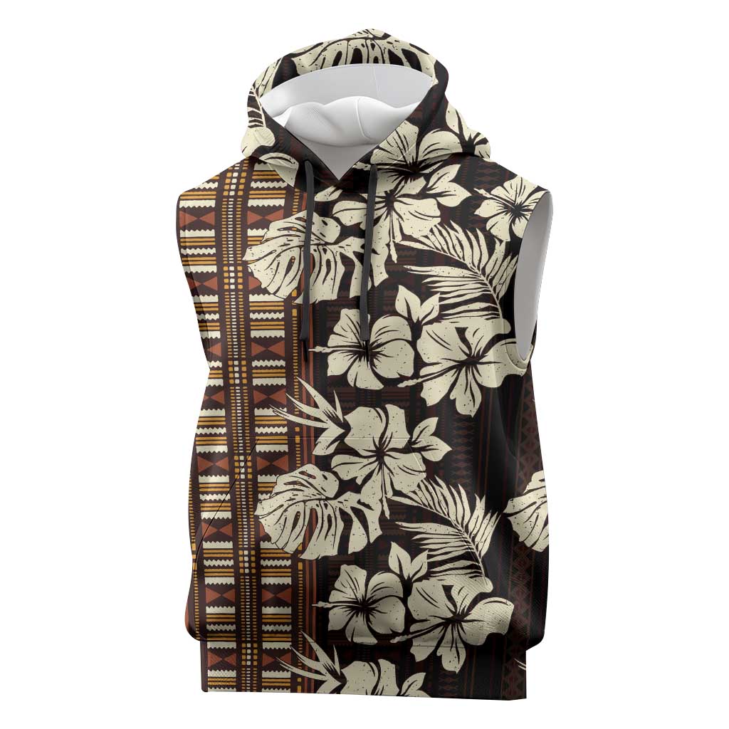 Bula Fiji Masi Sleeveless Hoodie Tapa Tropical Hibiscus Half Stylized LT14 Brown - Polynesian Pride
