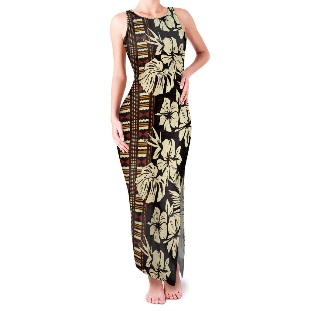Bula Fiji Masi Tank Maxi Dress Tapa Tropical Hibiscus Half Stylized LT14 Women Brown - Polynesian Pride