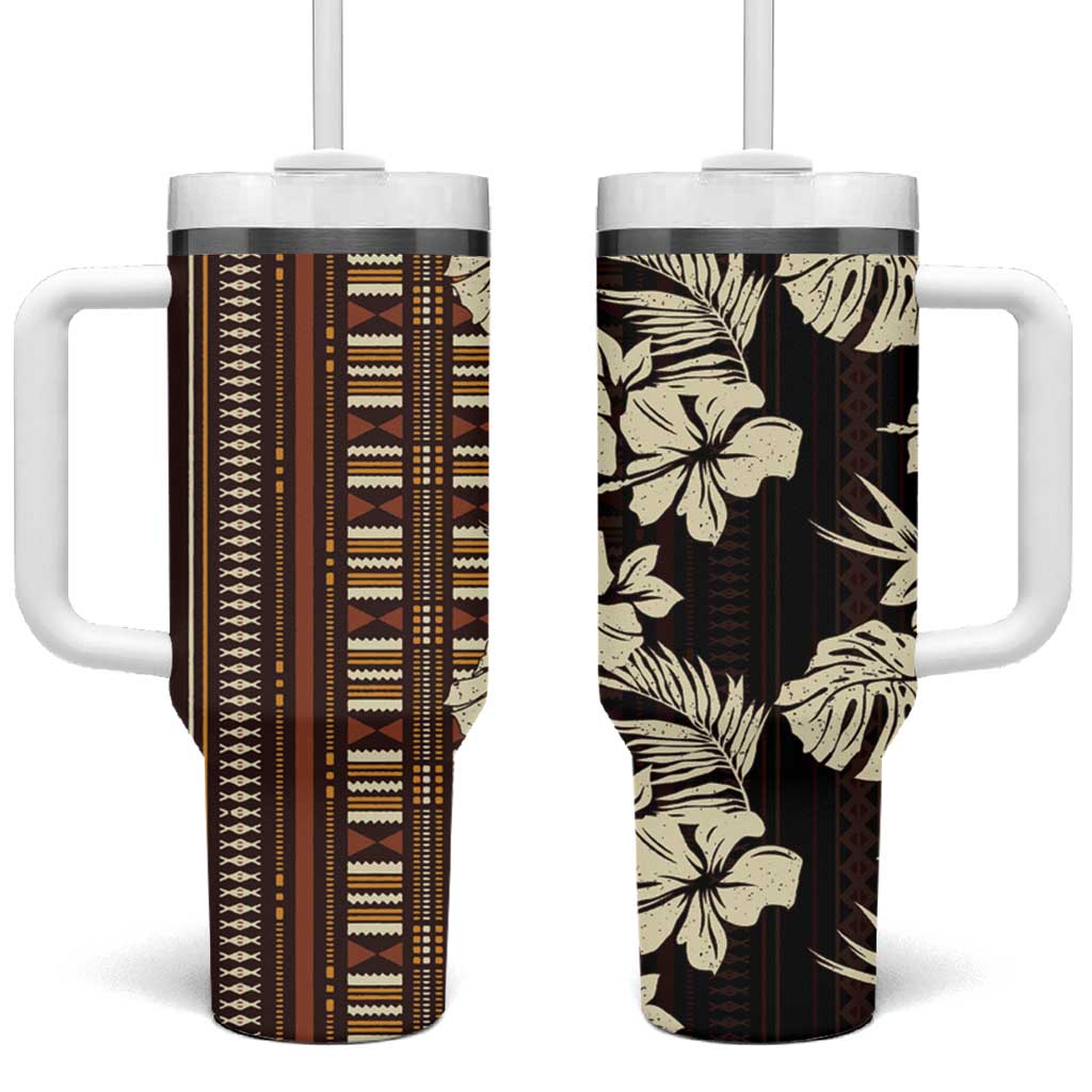 Bula Fiji Masi Tumbler With Handle Tapa Tropical Hibiscus Half Stylized LT14 One Size: 40 oz Brown - Polynesian Pride