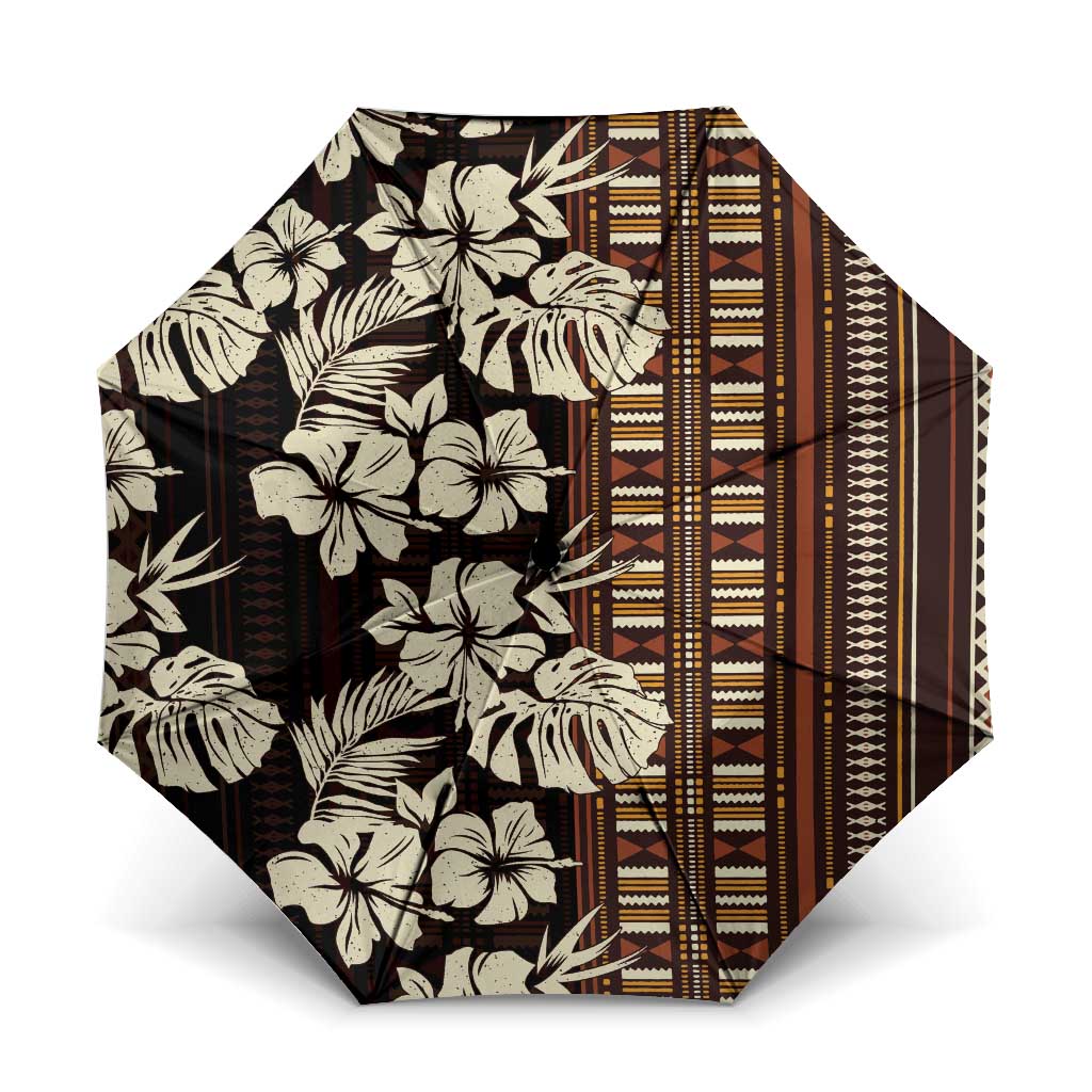 Bula Fiji Masi Umbrella Tapa Tropical Hibiscus Half Stylized LT14 One Size Folded 11.42 inch Opened Diameter 37.4 inch Brown - Polynesian Pride