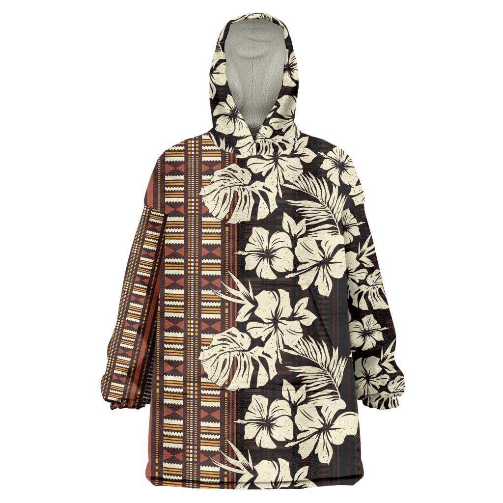 Bula Fiji Masi Wearable Blanket Hoodie Tapa Tropical Hibiscus Half Stylized LT14 One Size Brown - Polynesian Pride