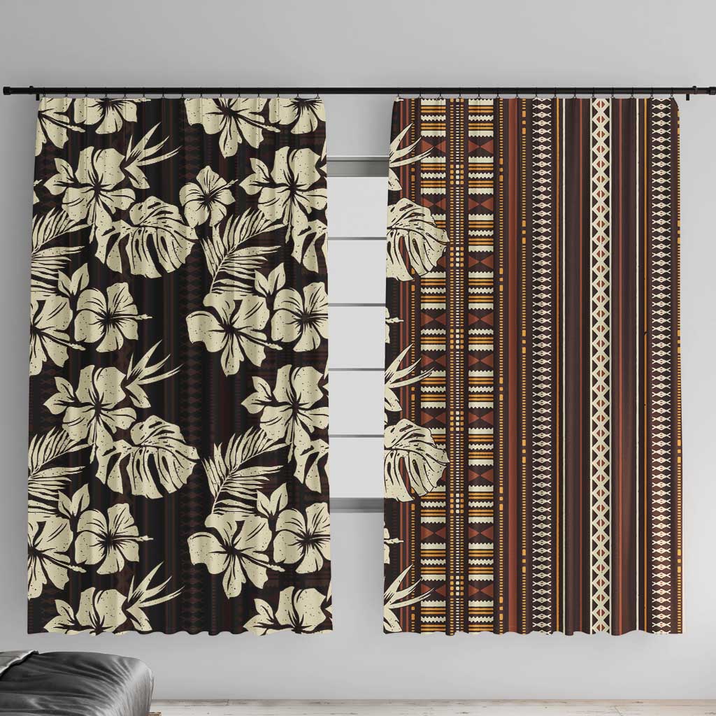 Bula Fiji Masi Window Curtain Tapa Tropical Hibiscus Half Stylized LT14 With Hooks Brown - Polynesian Pride