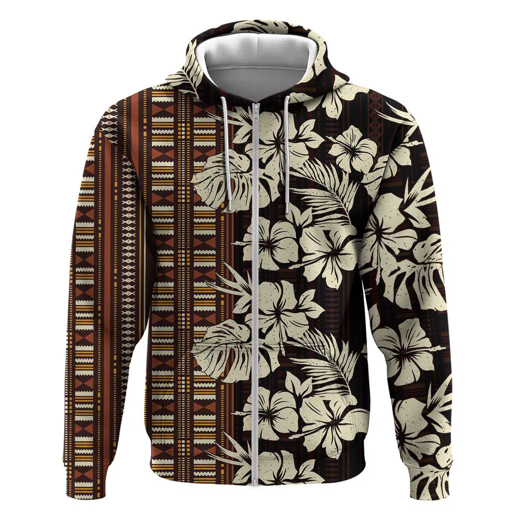 Bula Fiji Masi Zip Hoodie Tapa Tropical Hibiscus Half Stylized LT14 Zip Hoodie Brown - Polynesian Pride