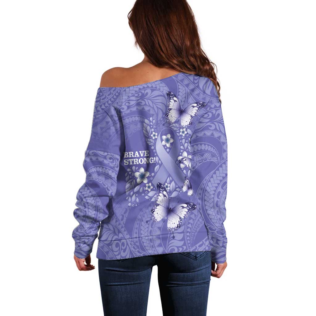 Polynesia Stomach Cancer Awareness Off Shoulder Sweater Periwinkle Ribbon Brave Strong! LT14 - Polynesian Pride