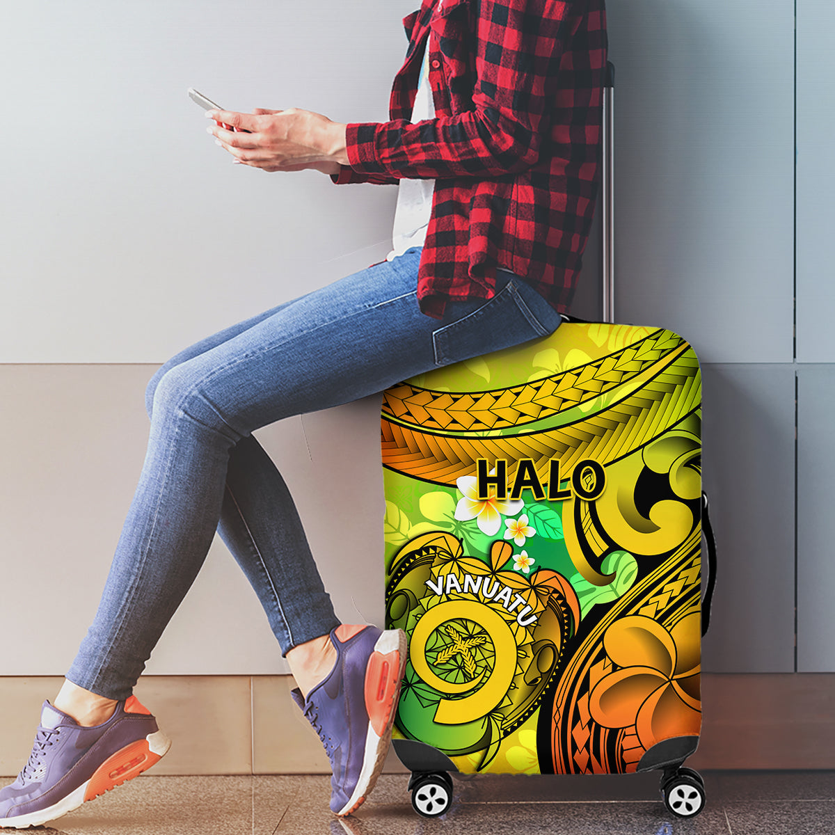 Halo Vanuatu Luggage Cover Sand Drawing Turtle Polynesian Tropical Flowers LT14 - Polynesian Pride