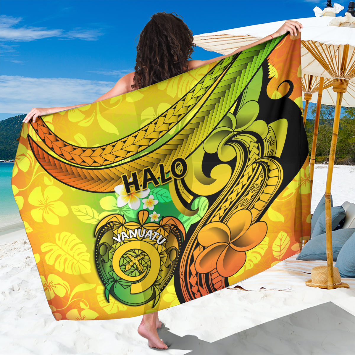 Halo Vanuatu Sarong Sand Drawing Turtle Polynesian Tropical Flowers LT14 One Size 44 x 66 inches Reggae - Polynesian Pride