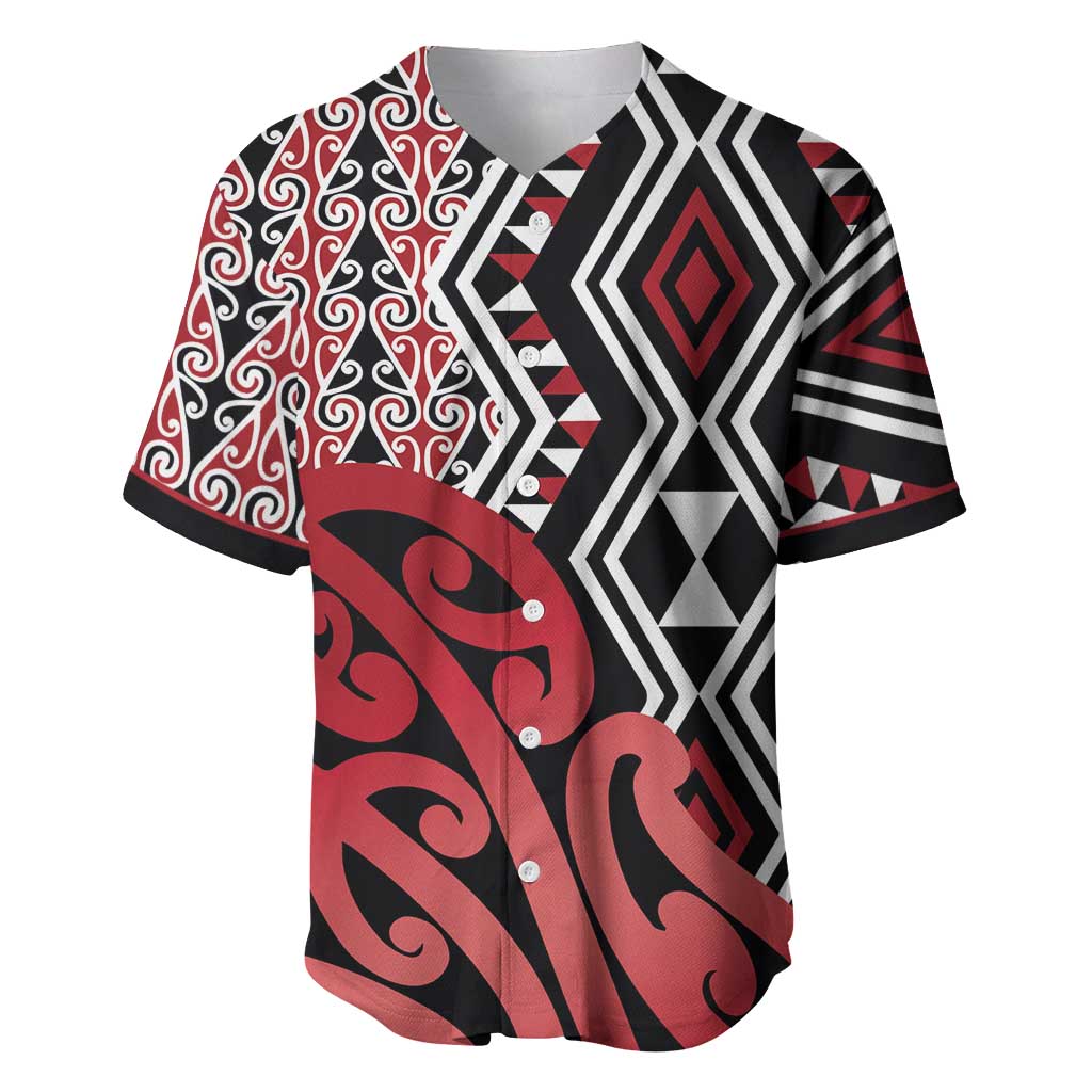 New Zealand Baseball Jersey Aotearoa Kowhaiwhai Mix Taniko Art - Red LT14 Red - Polynesian Pride