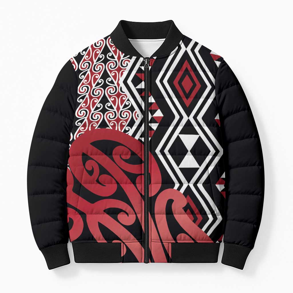 New Zealand Bomber Puffer Jacket Aotearoa Kowhaiwhai Mix Taniko Art - Red LT14 Unisex Red - Polynesian Pride