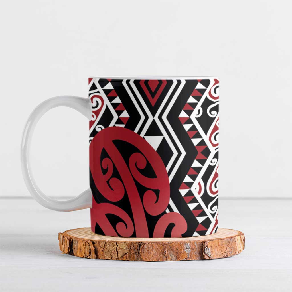 New Zealand Ceramic Mug Aotearoa Kowhaiwhai Mix Taniko Art - Red LT14 Red - Polynesian Pride