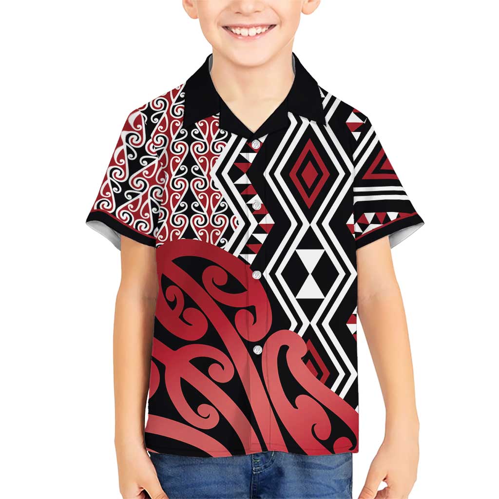 New Zealand Kid Hawaiian Shirt Aotearoa Kowhaiwhai Mix Taniko Art - Red LT14 Kid Red - Polynesian Pride