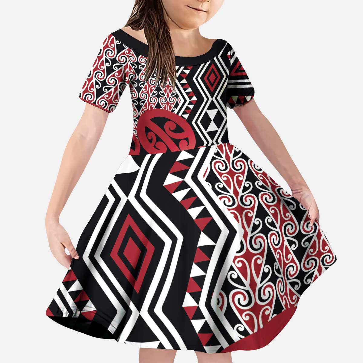 New Zealand Kid Short Sleeve Dress Aotearoa Kowhaiwhai Mix Taniko Art - Red LT14 KID Red - Polynesian Pride