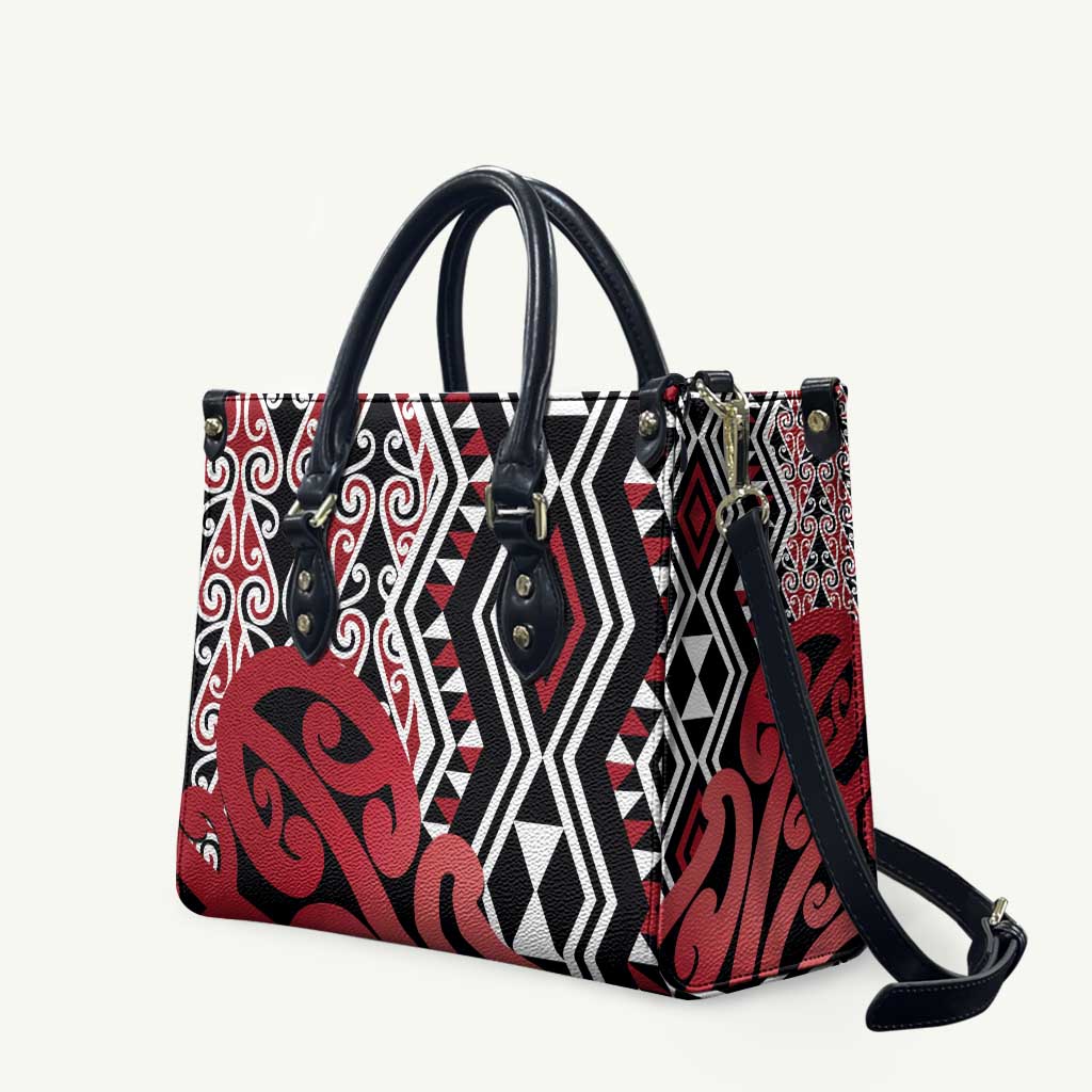 New Zealand Leather Bag Aotearoa Kowhaiwhai Mix Taniko Art - Red LT14 Red - Polynesian Pride