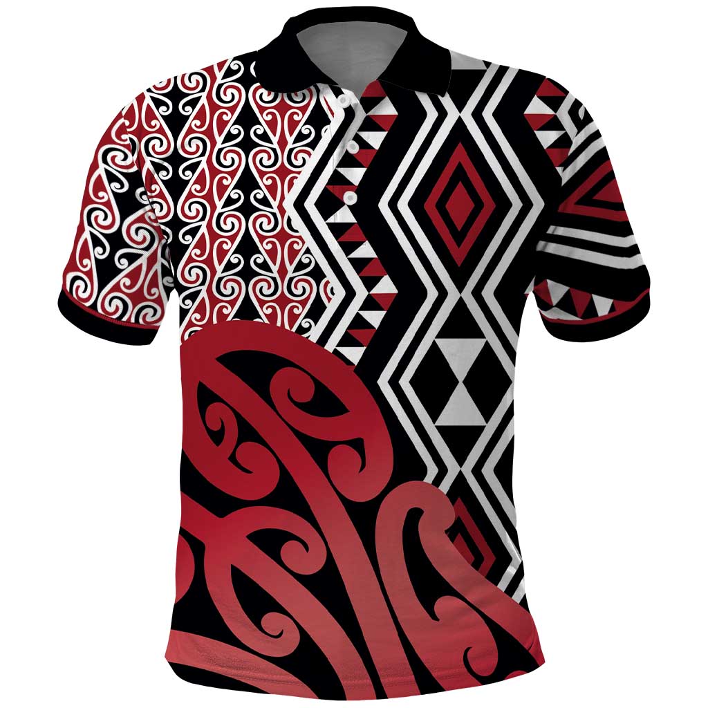 New Zealand Polo Shirt Aotearoa Kowhaiwhai Mix Taniko Art - Red