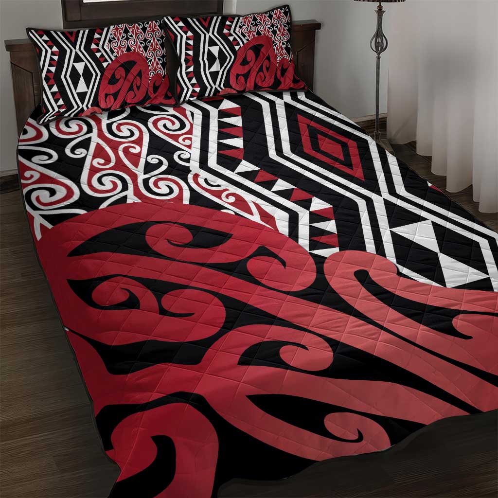 New Zealand Quilt Bed Set Aotearoa Kowhaiwhai Mix Taniko Art - Red