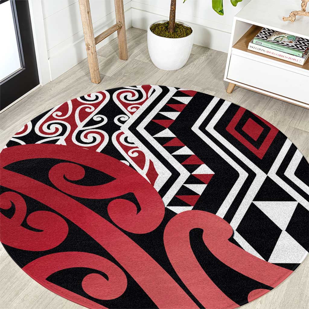 New Zealand Round Carpet Aotearoa Kowhaiwhai Mix Taniko Art - Red LT14 Red - Polynesian Pride