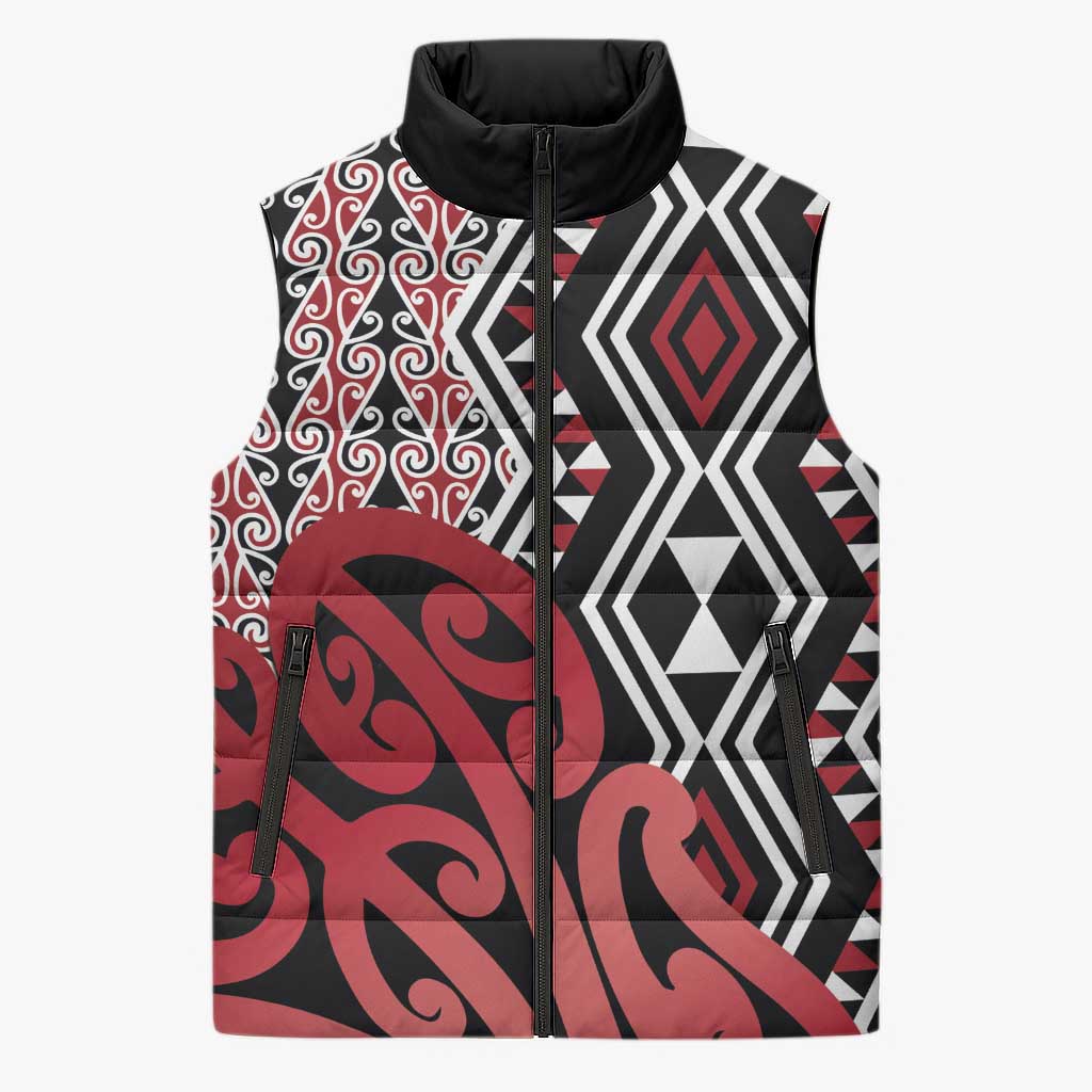 New Zealand Sleeveless Puffer Jacket Aotearoa Kowhaiwhai Mix Taniko Art - Red LT14 Unisex Red - Polynesian Pride