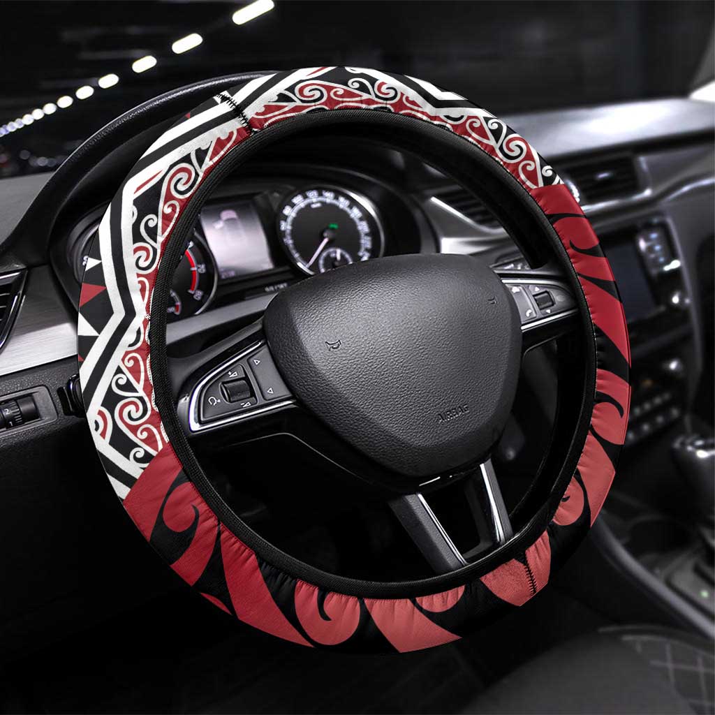 New Zealand Steering Wheel Cover Aotearoa Kowhaiwhai Mix Taniko Art - Red LT14 Universal Fit Red - Polynesian Pride