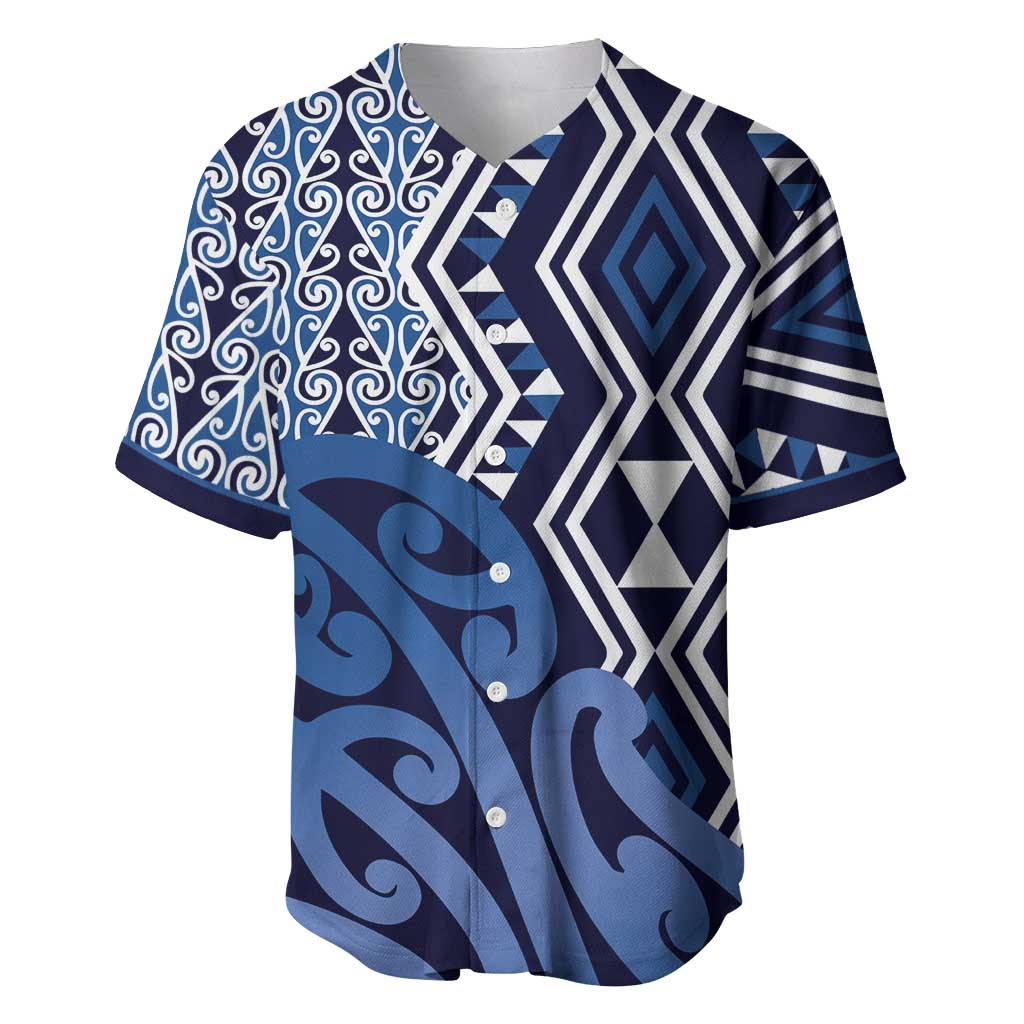 New Zealand Baseball Jersey Aotearoa Kowhaiwhai Mix Taniko Art - Blue LT14 Blue - Polynesian Pride