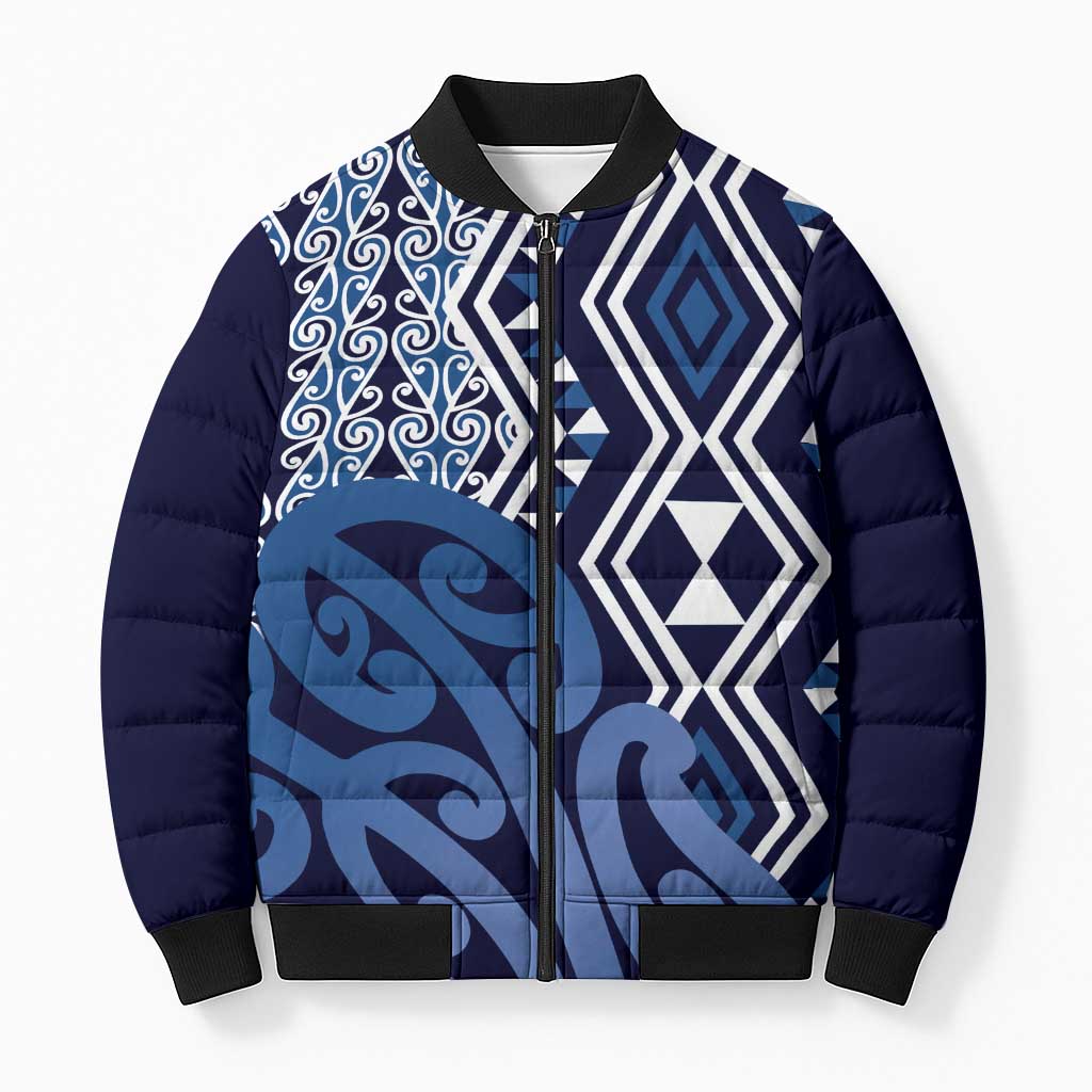 New Zealand Bomber Puffer Jacket Aotearoa Kowhaiwhai Mix Taniko Art - Blue LT14 Unisex Blue - Polynesian Pride