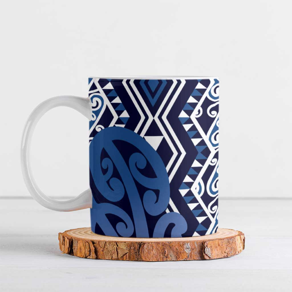 New Zealand Ceramic Mug Aotearoa Kowhaiwhai Mix Taniko Art - Blue LT14 Blue - Polynesian Pride
