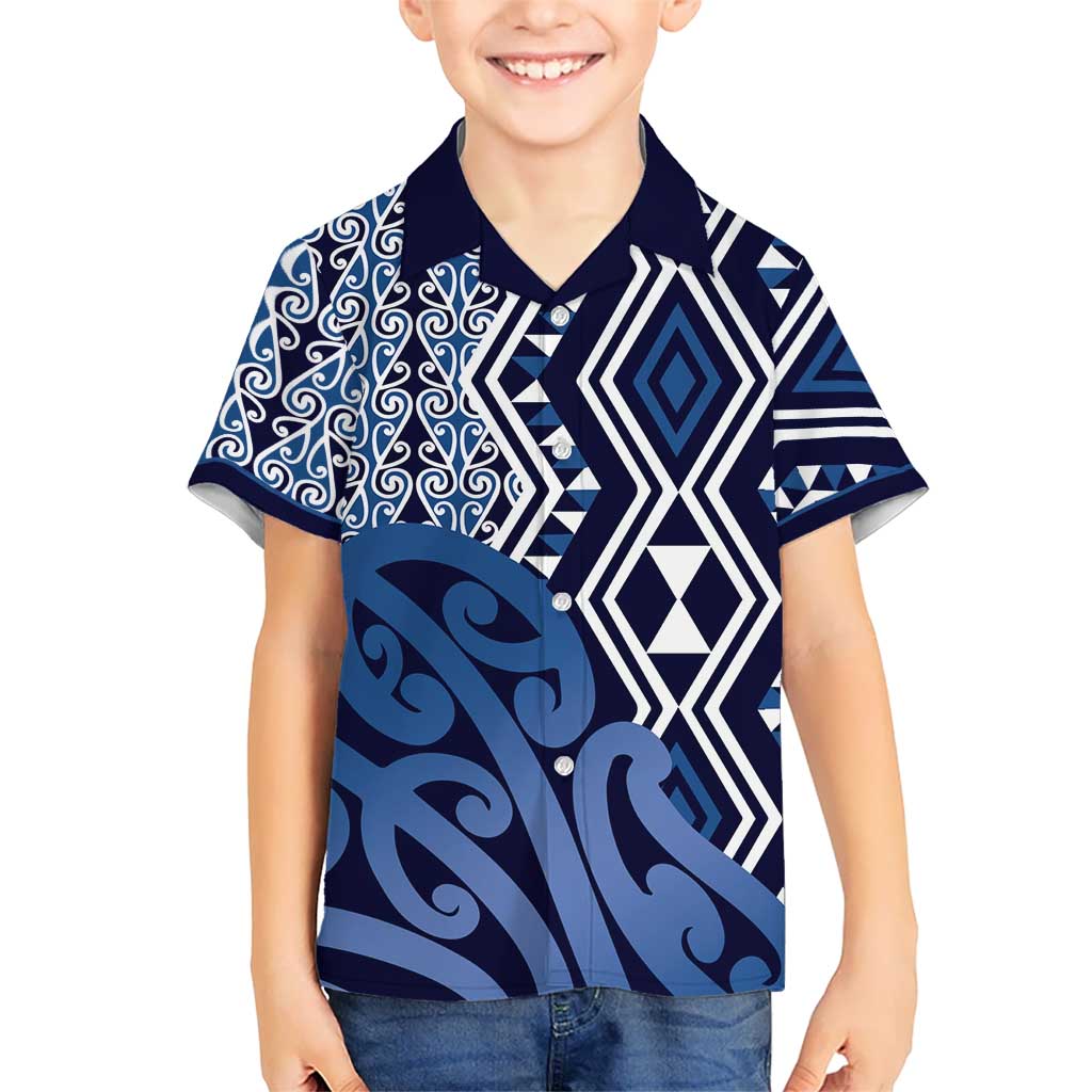 New Zealand Kid Hawaiian Shirt Aotearoa Kowhaiwhai Mix Taniko Art - Blue LT14 Kid Blue - Polynesian Pride