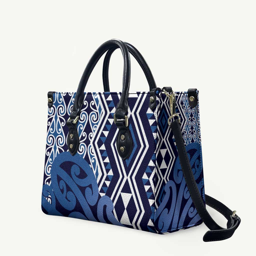 New Zealand Leather Bag Aotearoa Kowhaiwhai Mix Taniko Art - Blue LT14 Blue - Polynesian Pride
