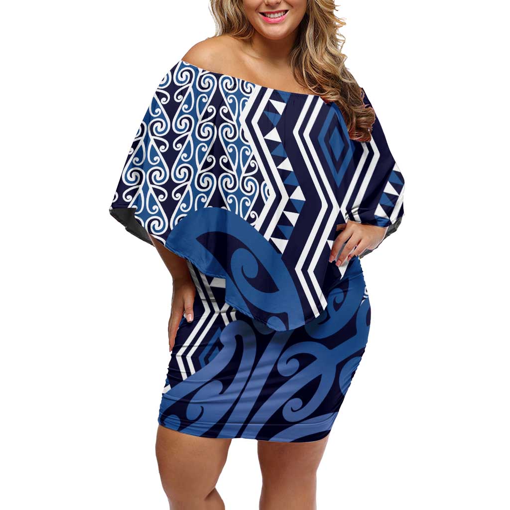 New Zealand Off Shoulder Short Dress Aotearoa Kowhaiwhai Mix Taniko Art - Blue LT14 Women Blue - Polynesian Pride