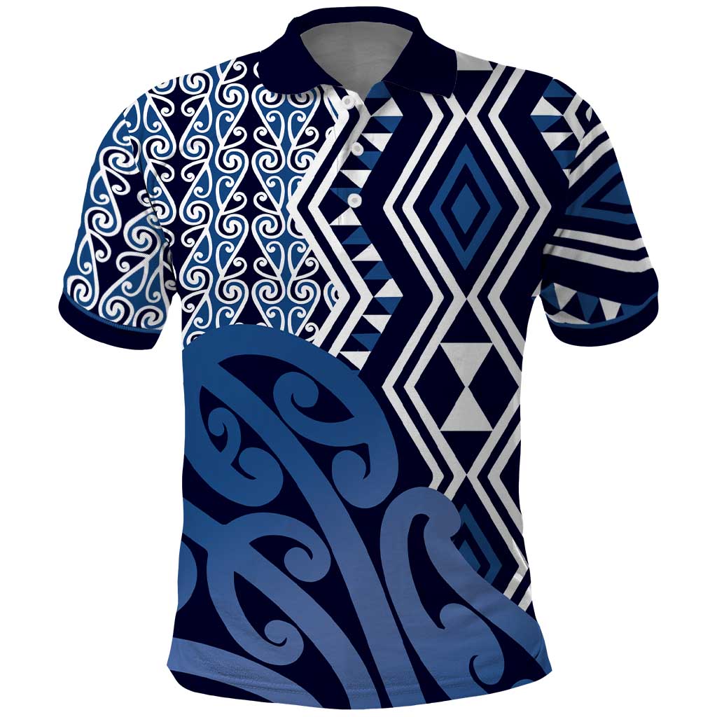 New Zealand Polo Shirt Aotearoa Kowhaiwhai Mix Taniko Art - Blue