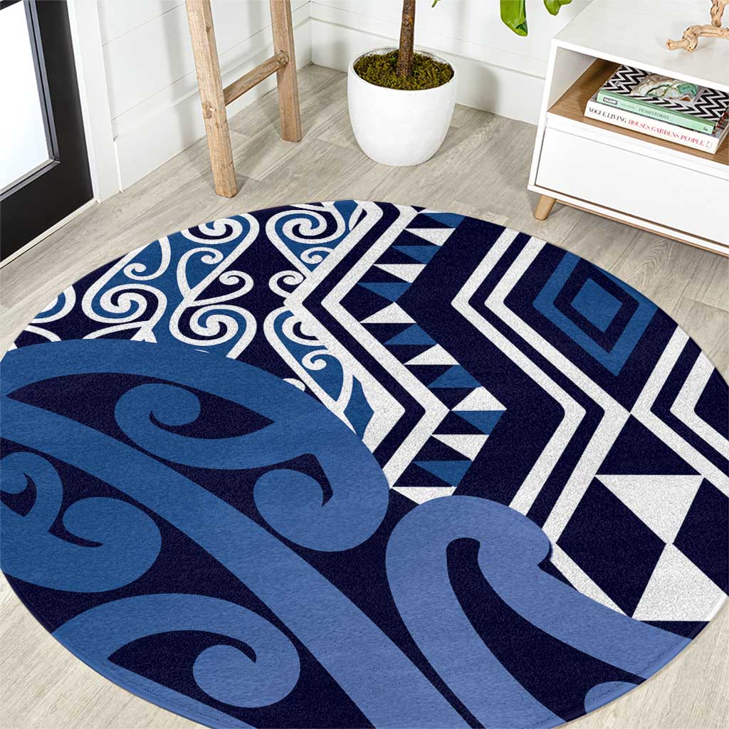 New Zealand Round Carpet Aotearoa Kowhaiwhai Mix Taniko Art - Blue LT14 Blue - Polynesian Pride