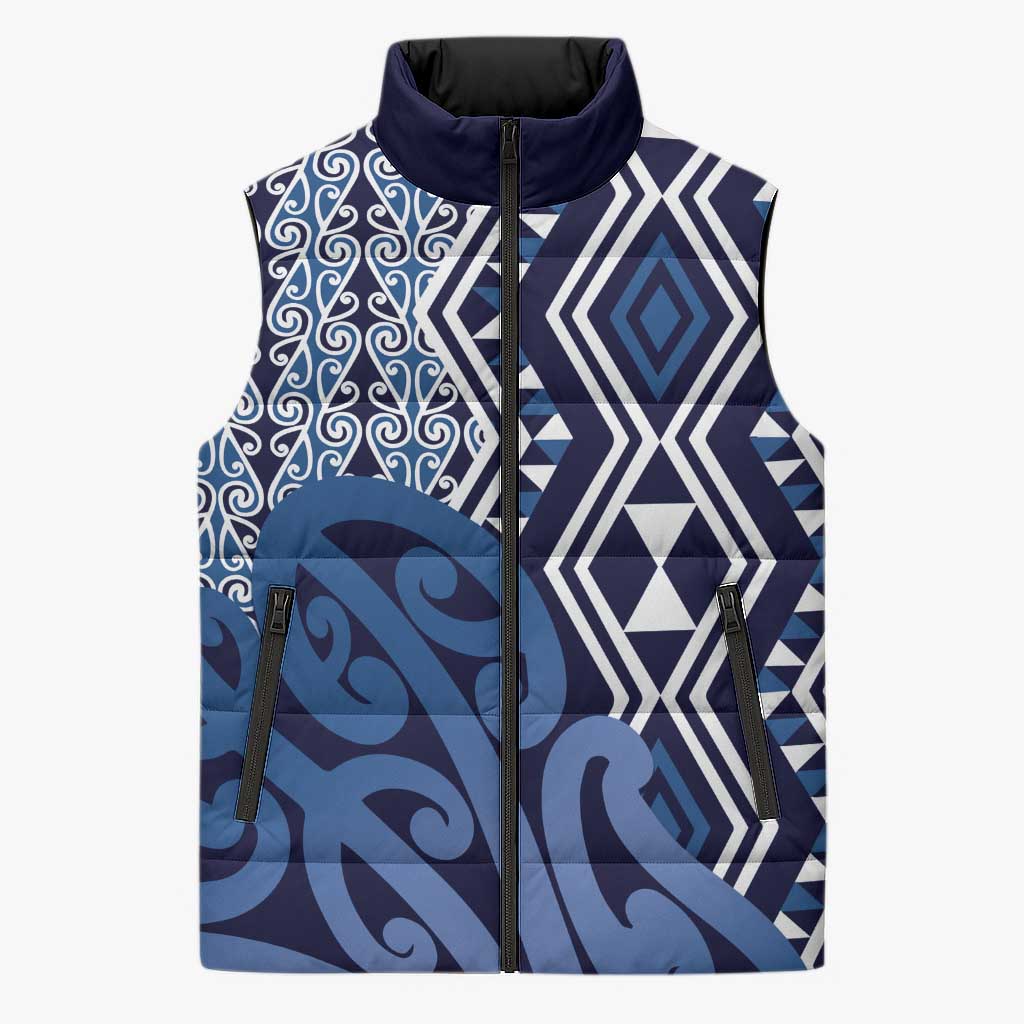New Zealand Sleeveless Puffer Jacket Aotearoa Kowhaiwhai Mix Taniko Art - Blue LT14 Unisex Blue - Polynesian Pride