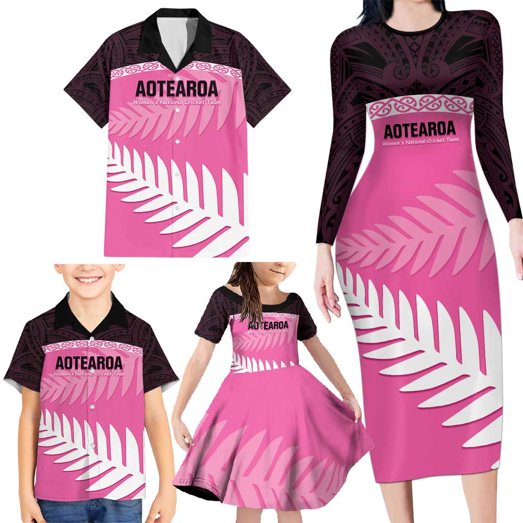 Custom New Zealand Aotearoa Cricket Family Matching Long Sleeve Bodycon Dress and Hawaiian Shirt Go White Silver Fern