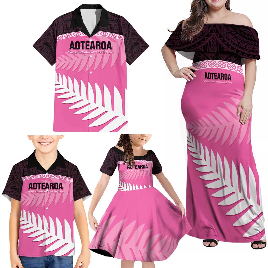 Custom New Zealand Aotearoa Cricket Family Matching Off Shoulder Maxi Dress and Hawaiian Shirt Go White Silver Fern