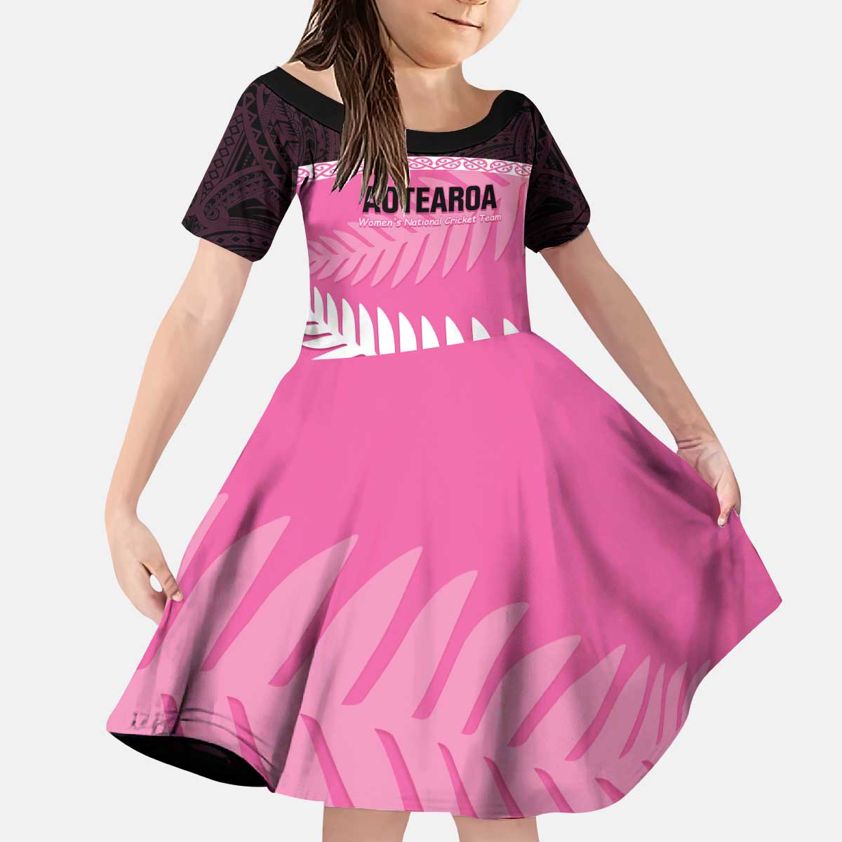 Custom New Zealand Aotearoa Cricket Kid Short Sleeve Dress Go White Silver Fern LT14 KID Pink - Polynesian Pride