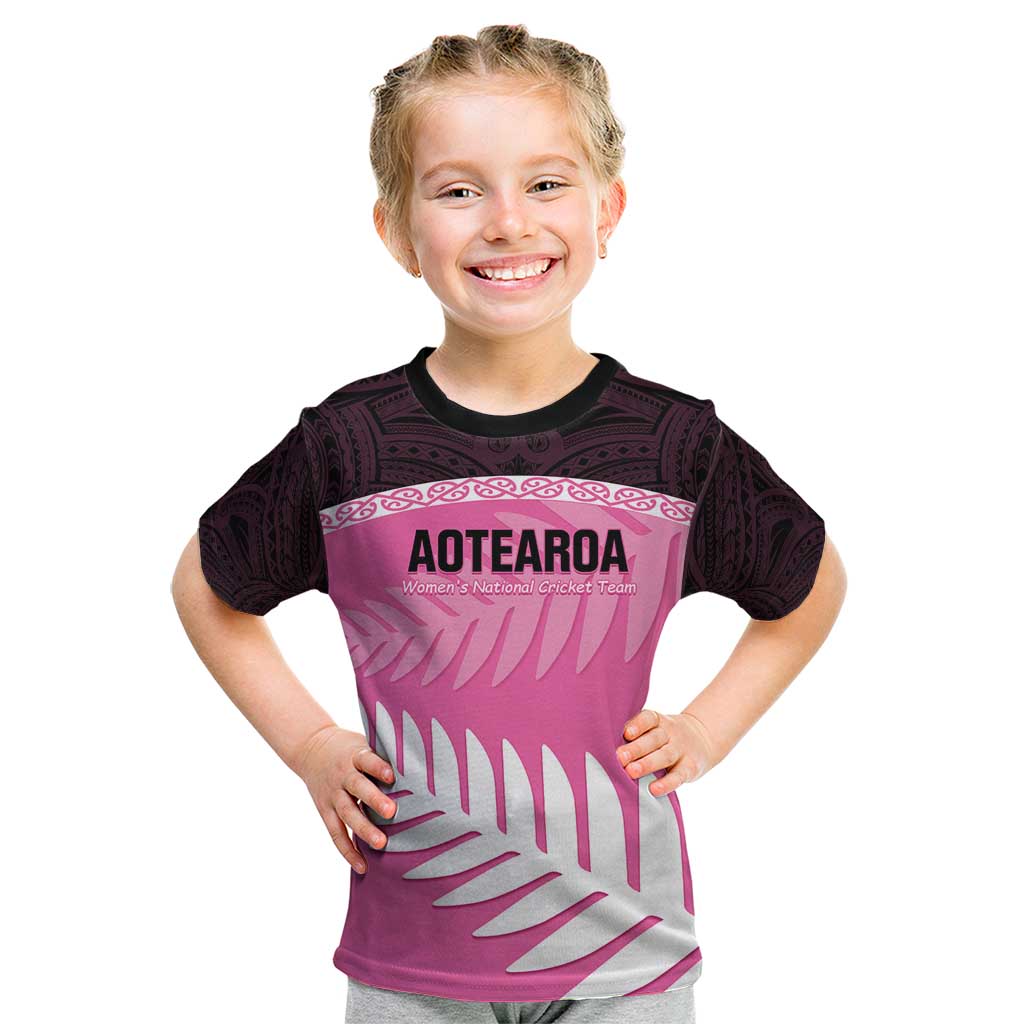 Custom New Zealand Aotearoa Cricket Kid T Shirt Go White Silver Fern LT14 Pink - Polynesian Pride