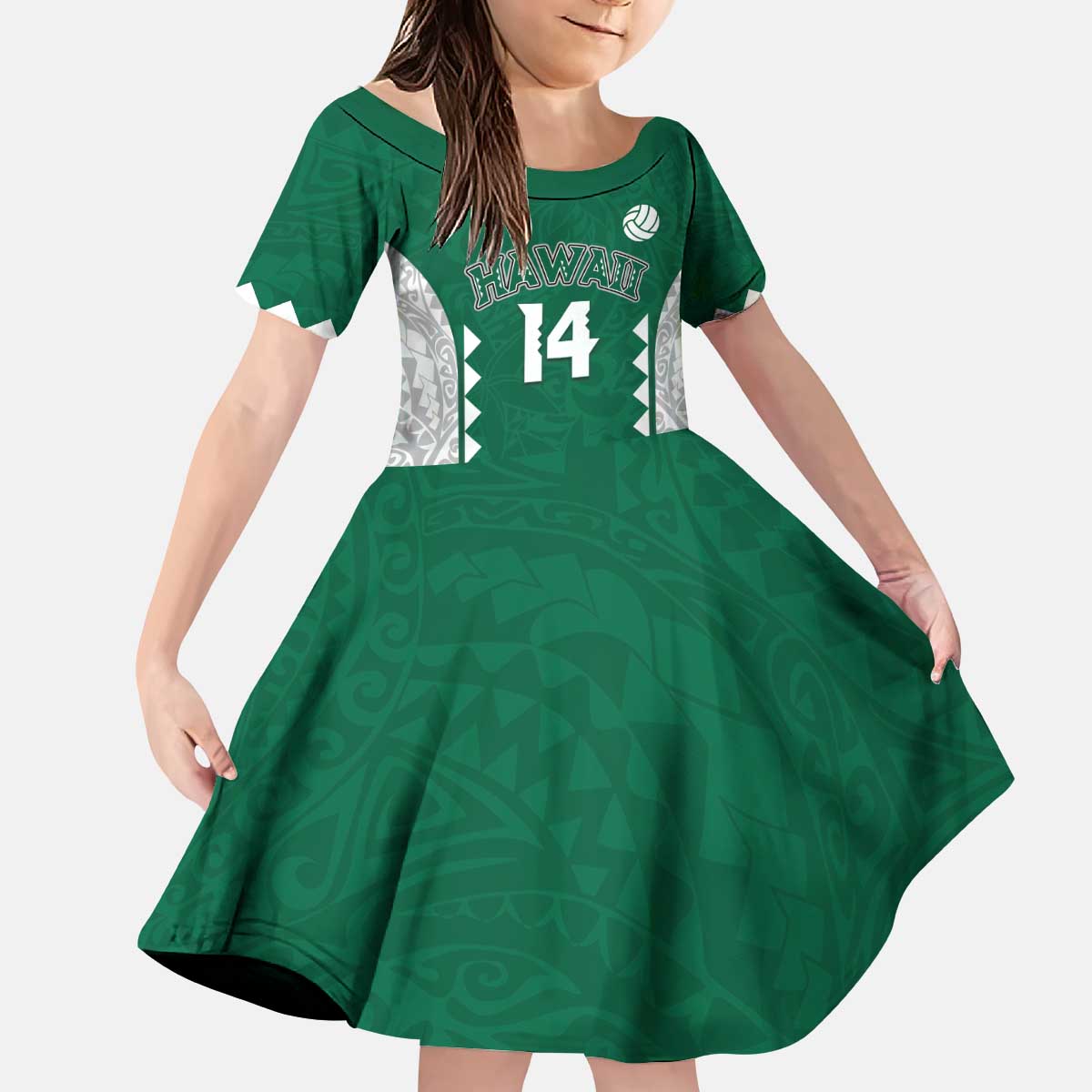 Custom Hawaii Volleyball Kid Short Sleeve Dress Hawaiian Kakau Pattern LT14 KID Green - Polynesian Pride