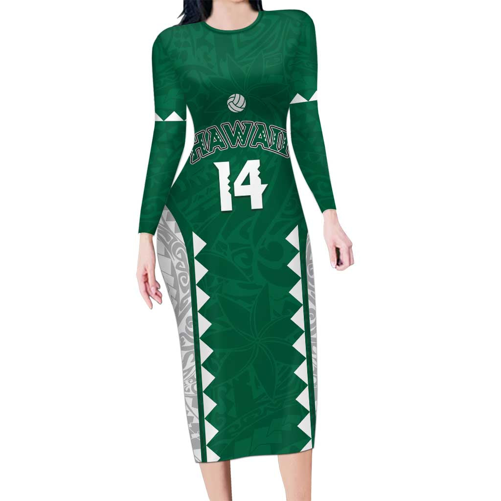 Custom Hawaii Volleyball Long Sleeve Bodycon Dress Hawaiian Kakau Pattern LT14 Long Dress Green - Polynesian Pride