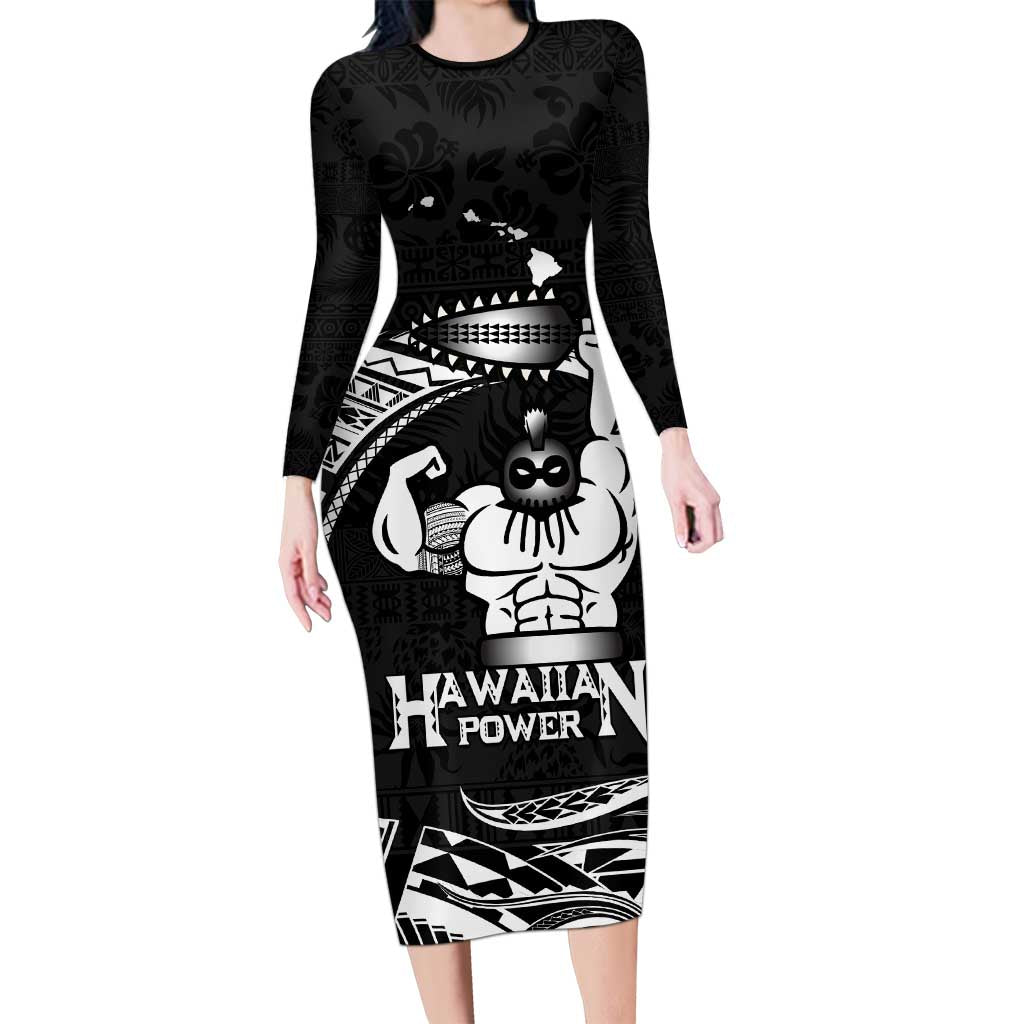 Black Hawaii Ikaika Warrior Long Sleeve Bodycon Dress Hawaiian Power LT14 Long Dress Black - Polynesian Pride
