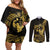 Gold Hawaii Ikaika Warrior Couples Matching Off Shoulder Short Dress and Long Sleeve Button Shirt Hawaiian Power