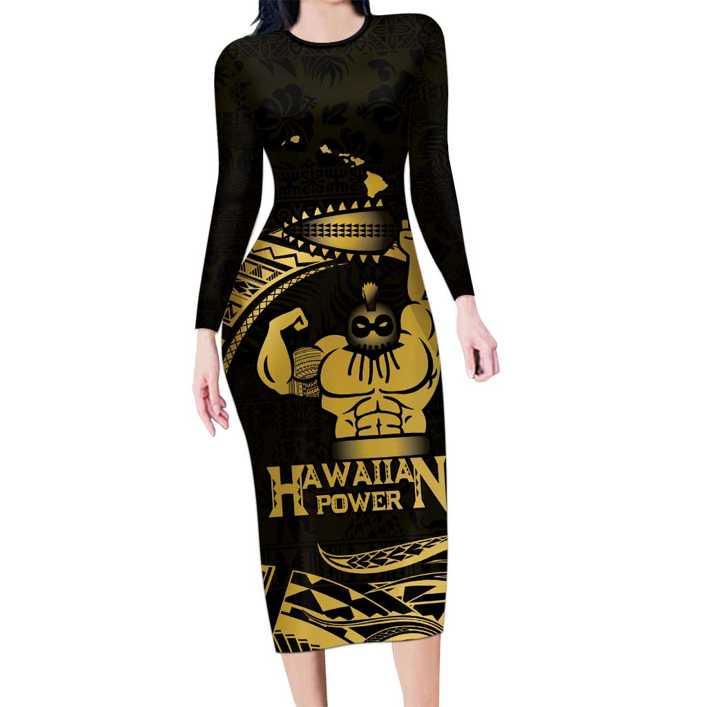 Gold Hawaii Ikaika Warrior Long Sleeve Bodycon Dress Hawaiian Power LT14 Long Dress Gold - Polynesian Pride
